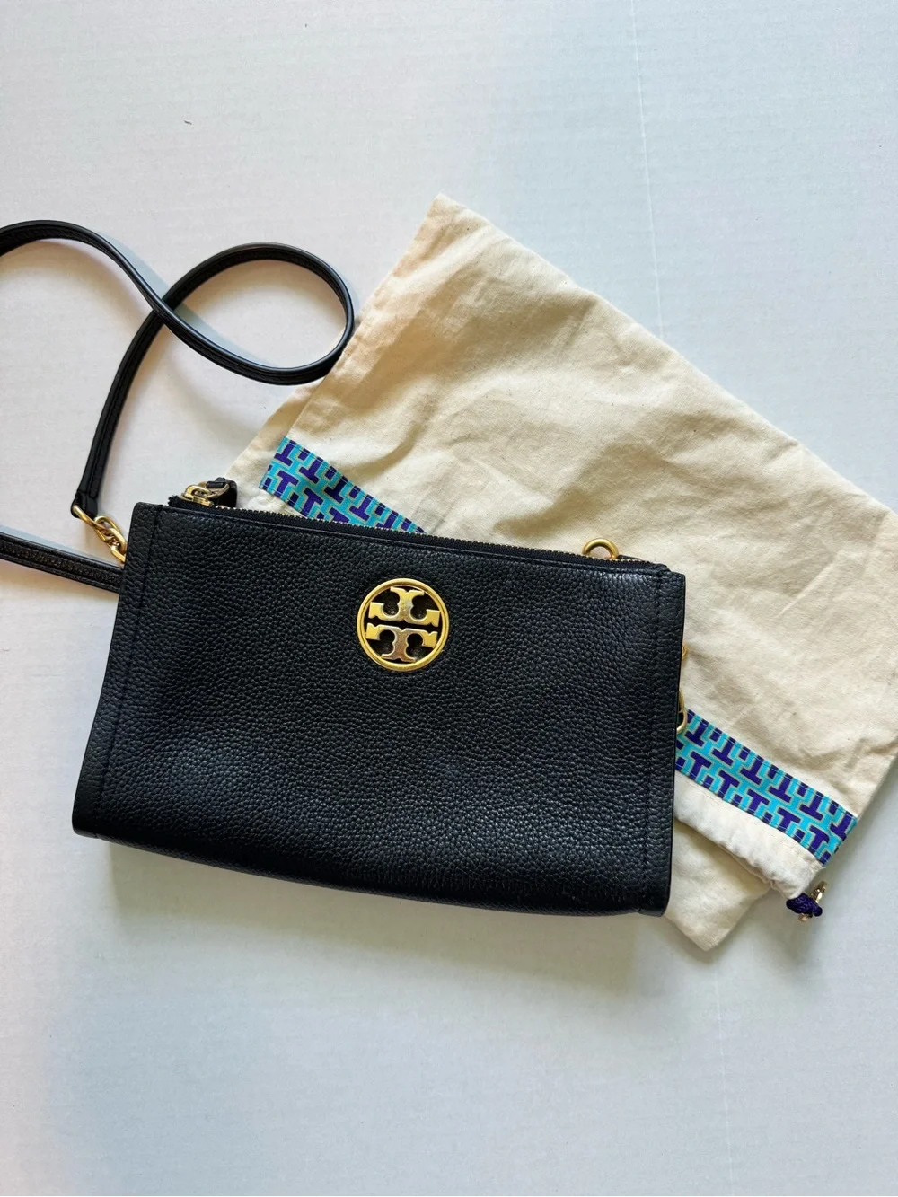 Tory Burch Black Leather Crossbody with Gold Logo